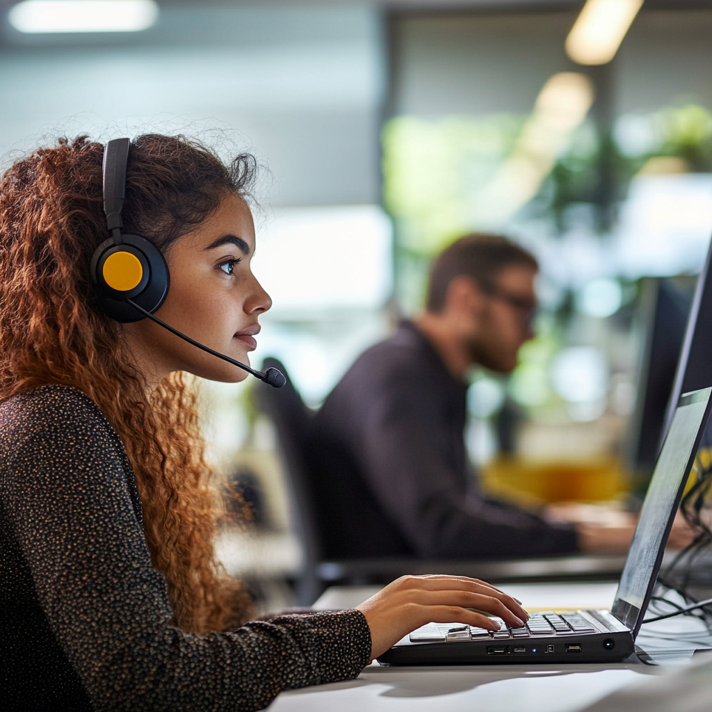 Call center worker on laptop and man on computer 