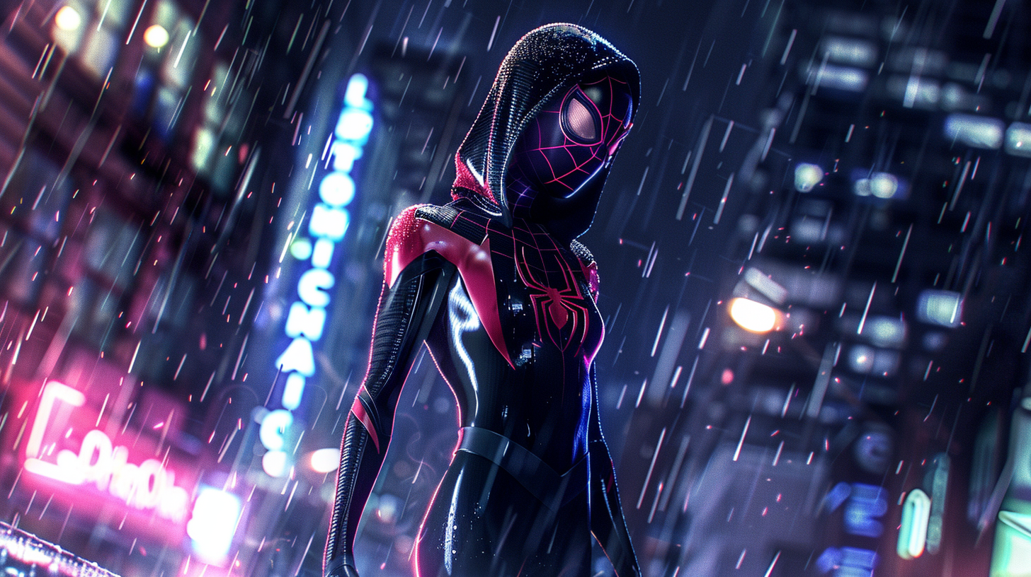 Calm Gwen Stacy in Spider-Gwen suit on rainy rooftop.