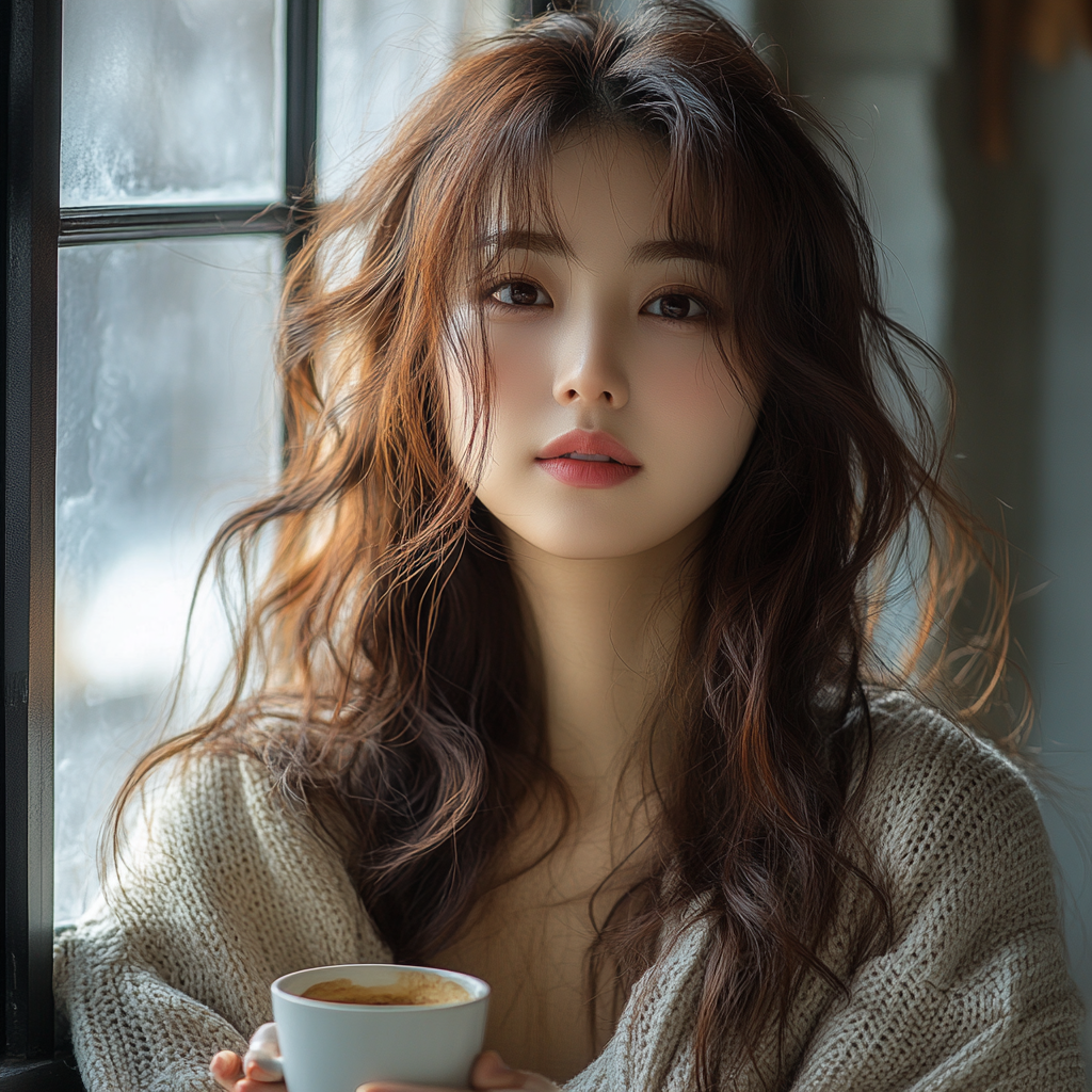 Calm Korean woman with coffee by window.