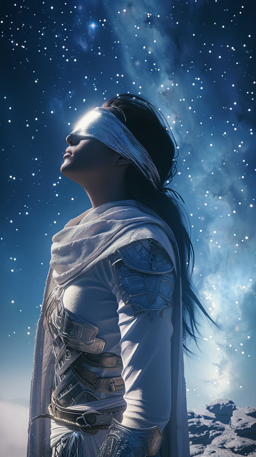 Calm and confident Destiny on cliff edge, blindfolded. Silver armor, cosmic sky.