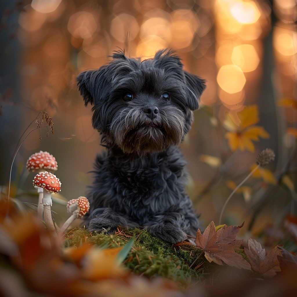 Calm black shih tzu dog surrounded by autumn leaves