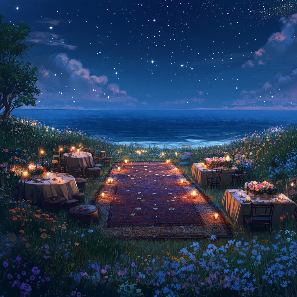 Calm evening with gentle lights, ocean view, floral tables.