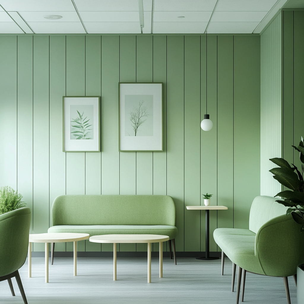 Calm green waiting room with white accents.