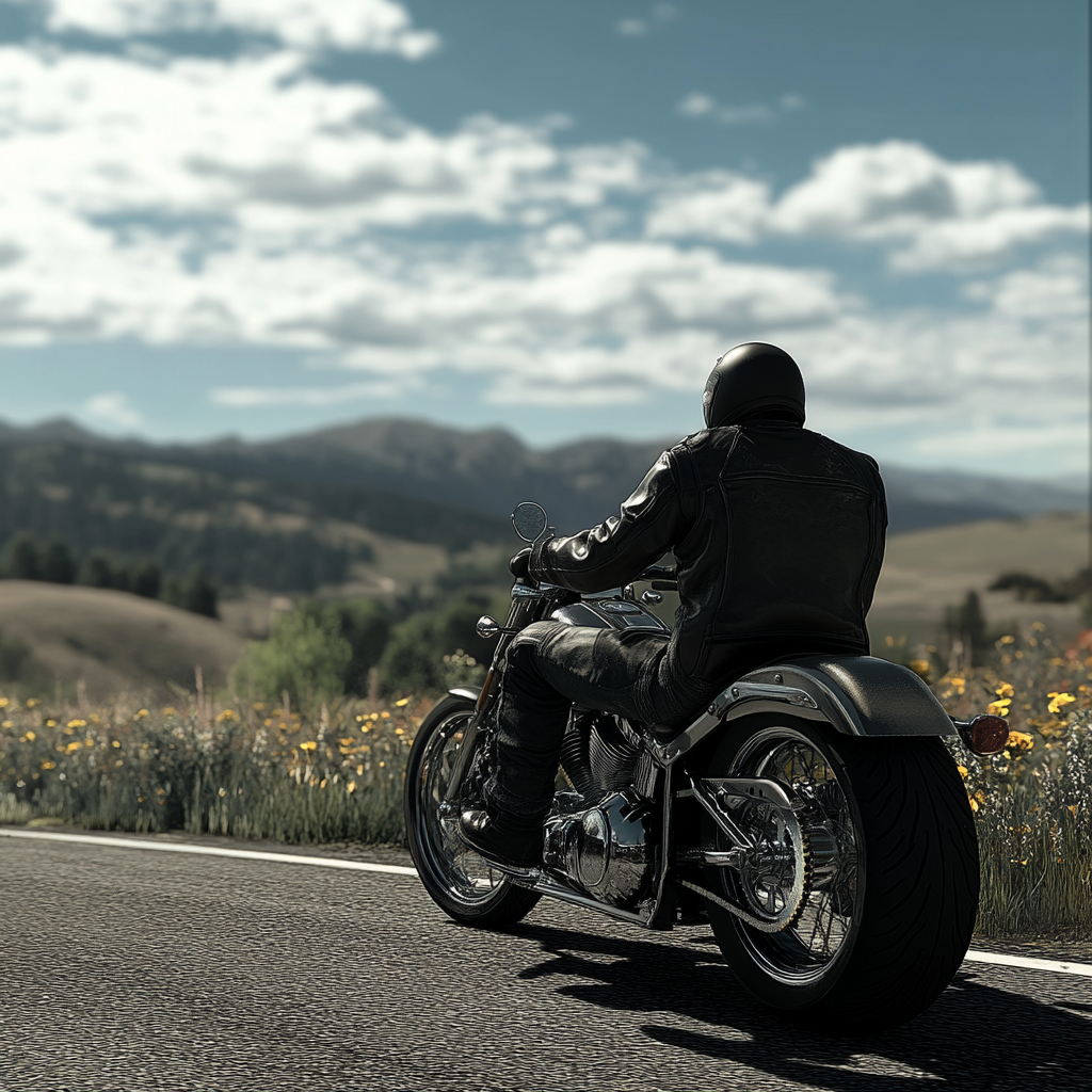 Calm motorcyclist in gear, focusing on deep breaths.