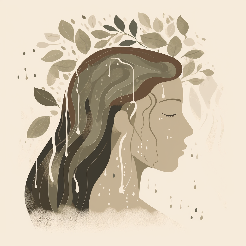 Calm scalp with flowing hair, leaves, water drops