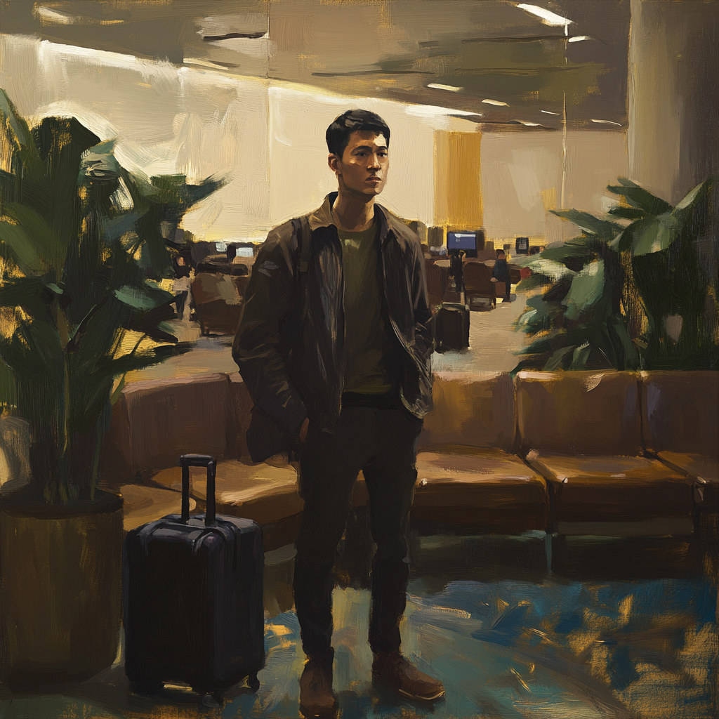 Calm traveler in cozy airport lounge painting