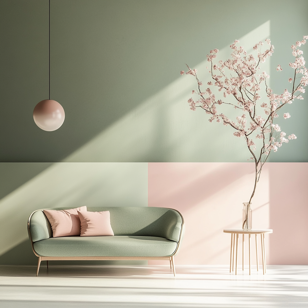 Calm waiting room with light green and pink.