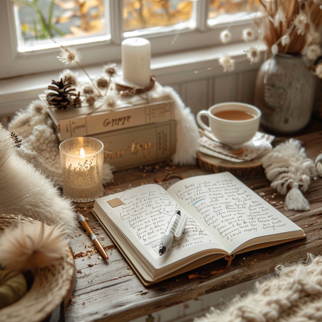 Calming gratitude journal on wooden desk with tea