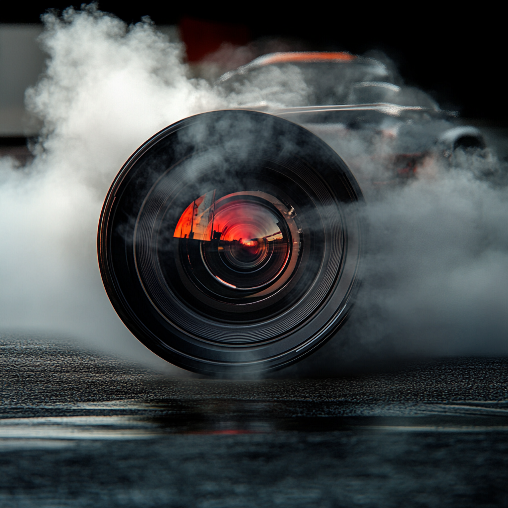 Camera lens as a car wheel on racetrack