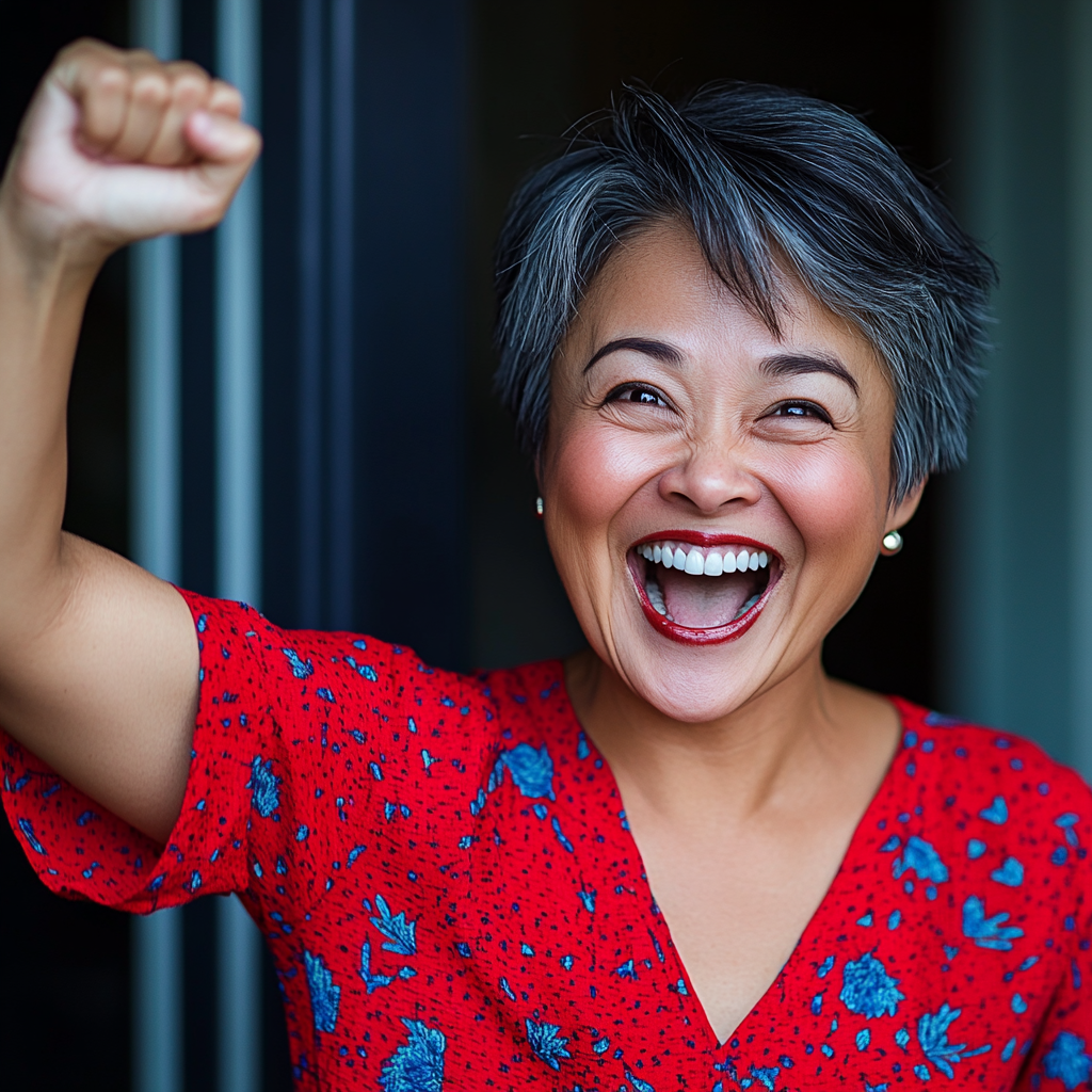 Camera lens captures joyful middle-aged woman celebrating win.