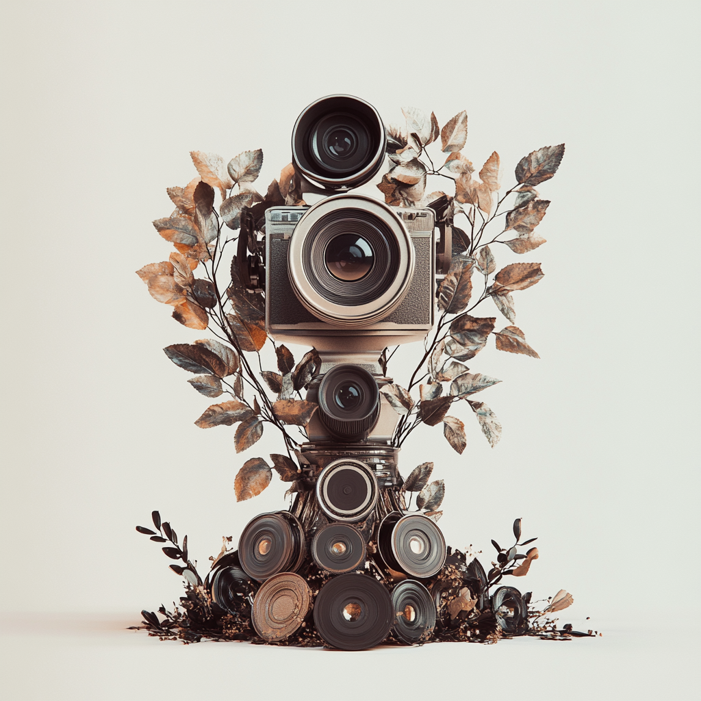 Camera-shaped trophy with metallic sheen and film reels.