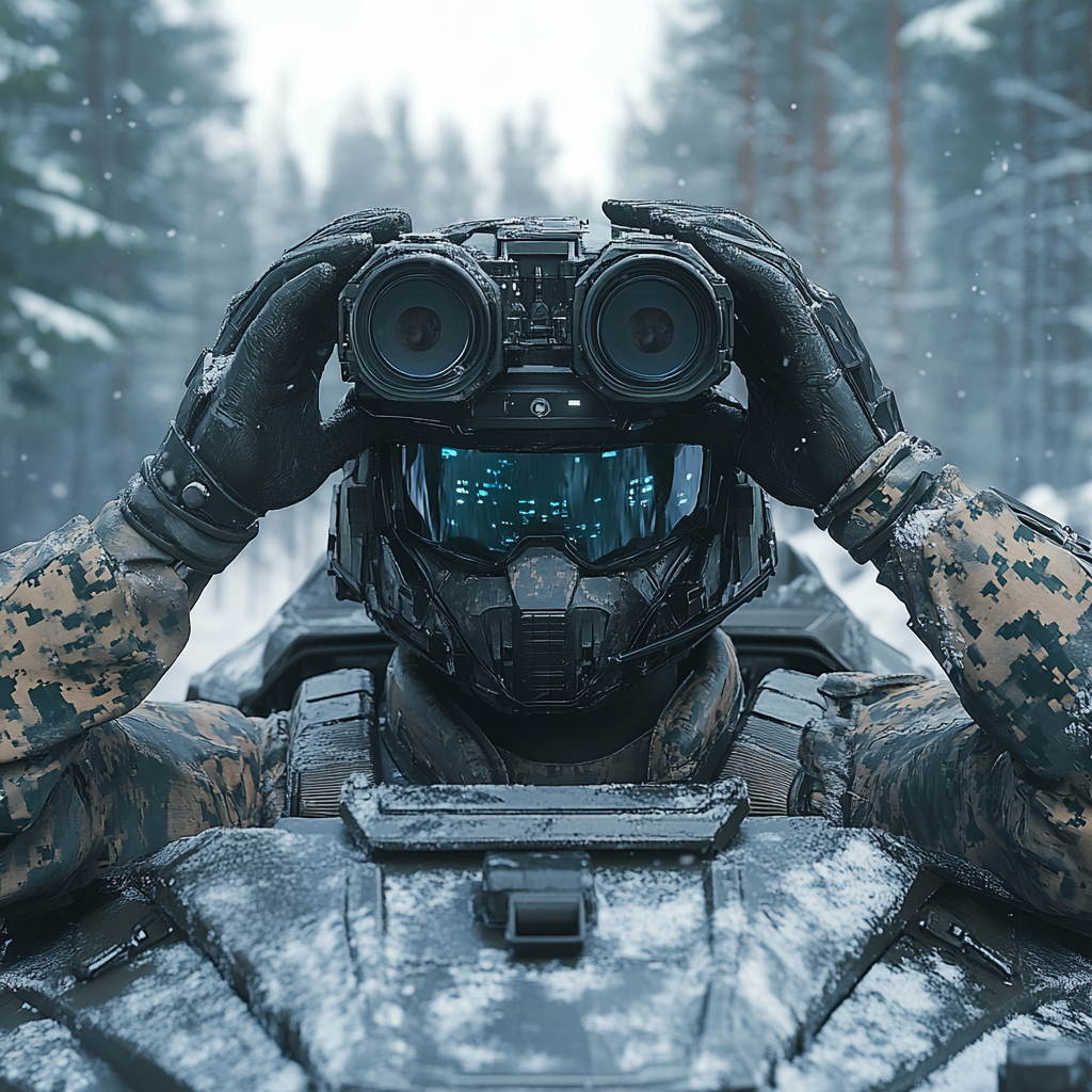 Camouflaged cyborg tank commander looks through binoculars