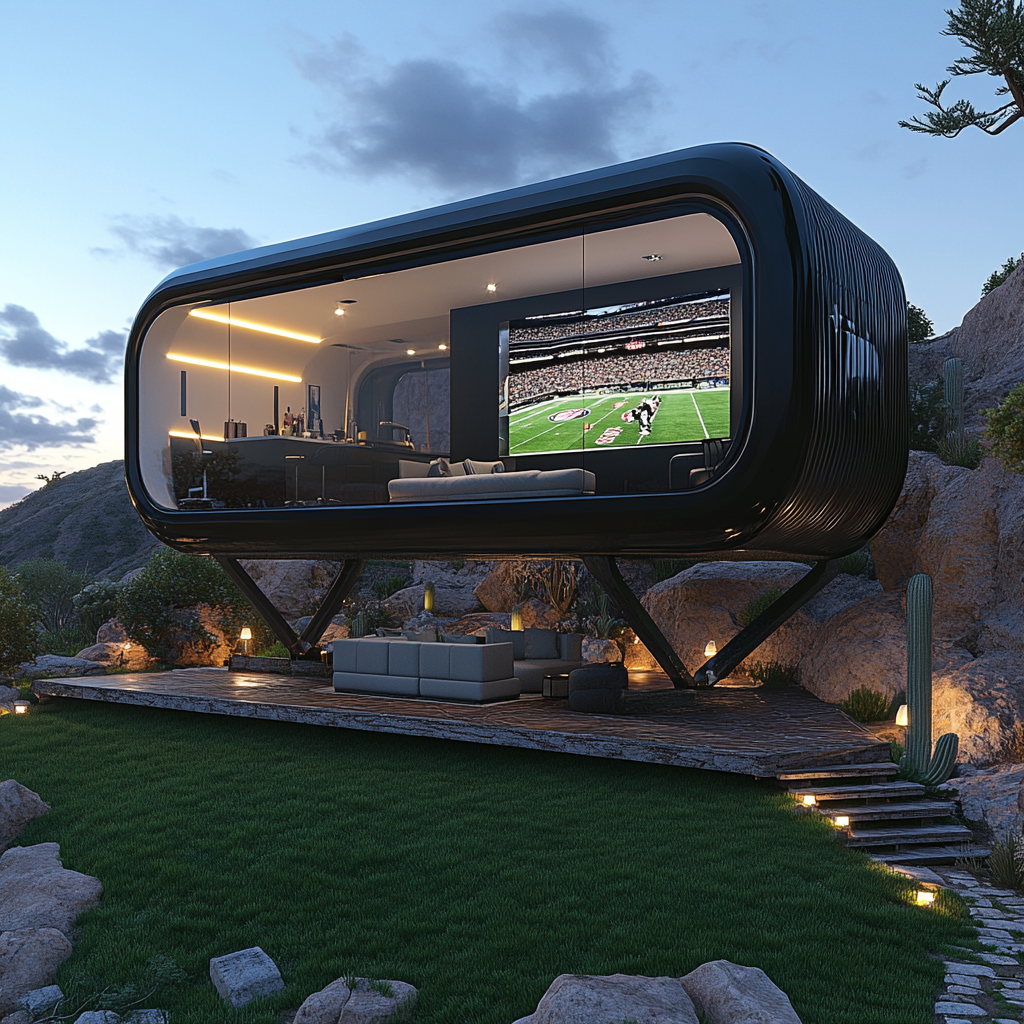 Camper pods with Raiders man cave interior on cliff.