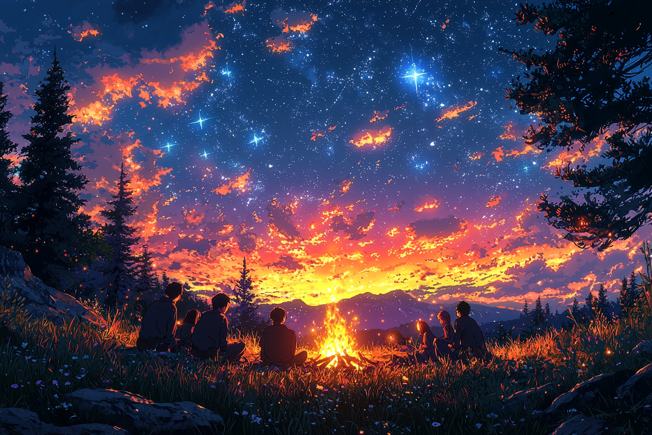 Campfire scene with vibrant colors, strong emotions and nostalgia.