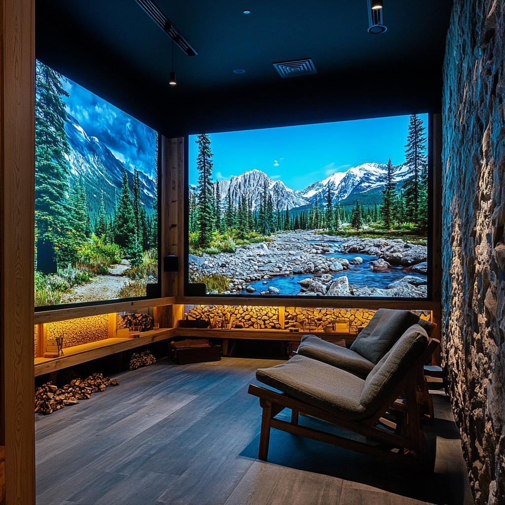 Canadian relaxation lounge with digital screens, eco-friendly ambiance.