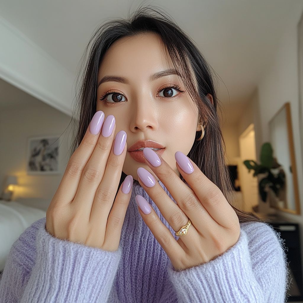 Candid Asian woman showing manicured lavender nails in selfie.