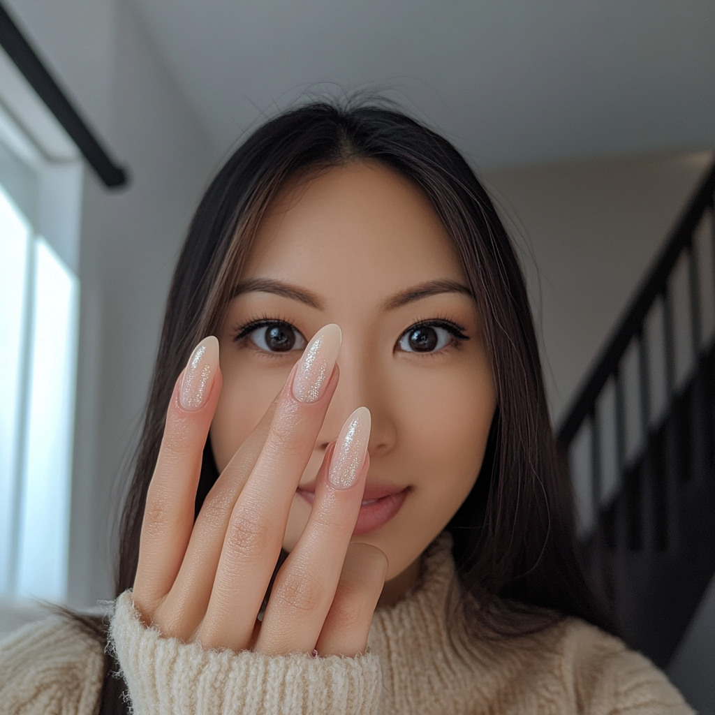 Candid Asian woman showing new shimmery almond nails.