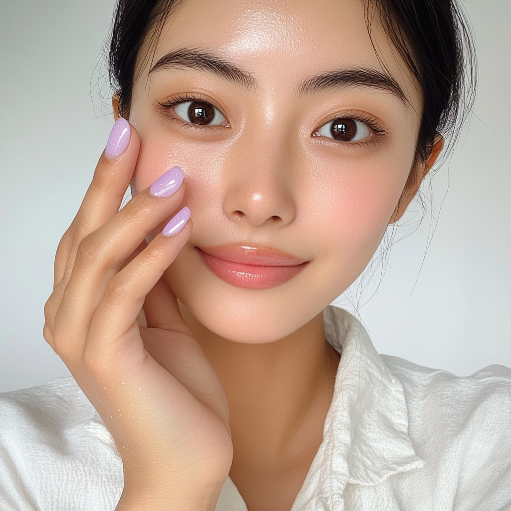 Candid Asian woman showing off new lavender nails.