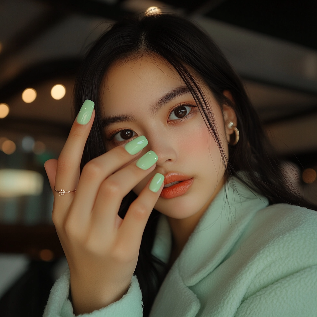 Candid Asian woman showing sage green painted nails.