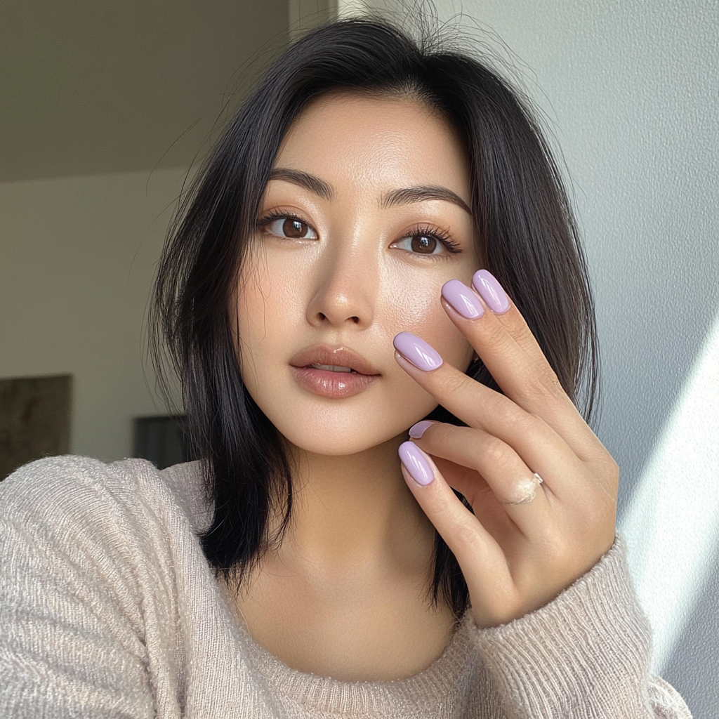 Candid Asian woman shows off new lilac nails.