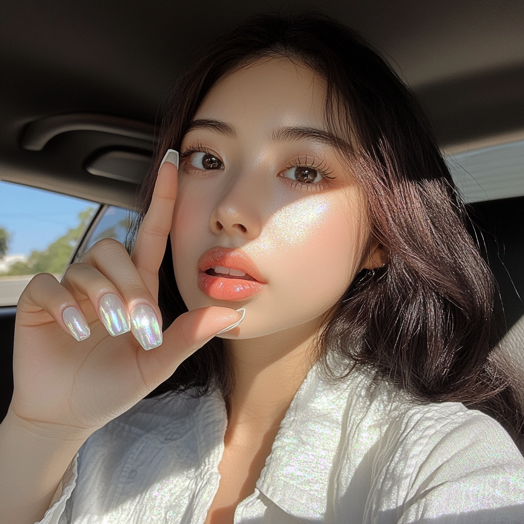 Candid Asian woman shows off new white nails.