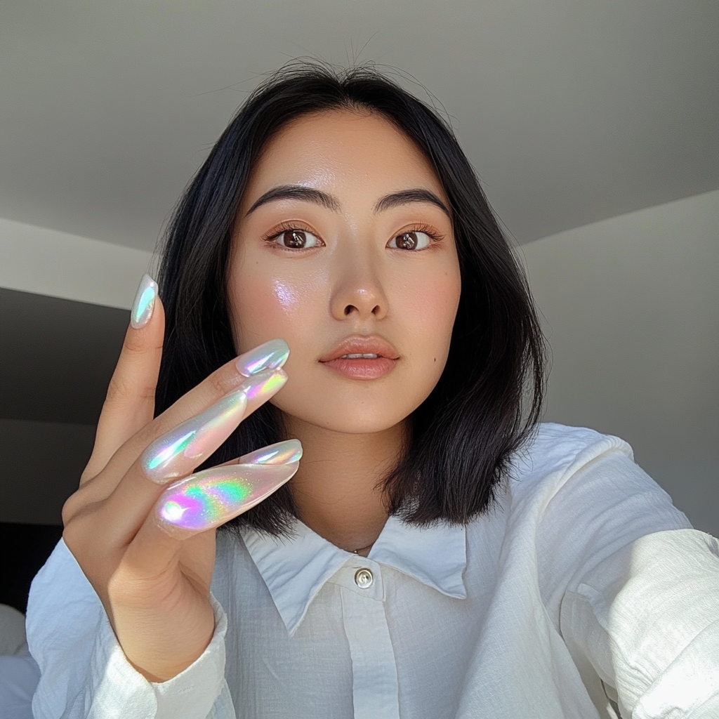 Candid Asian woman shows off white iridescent nails.