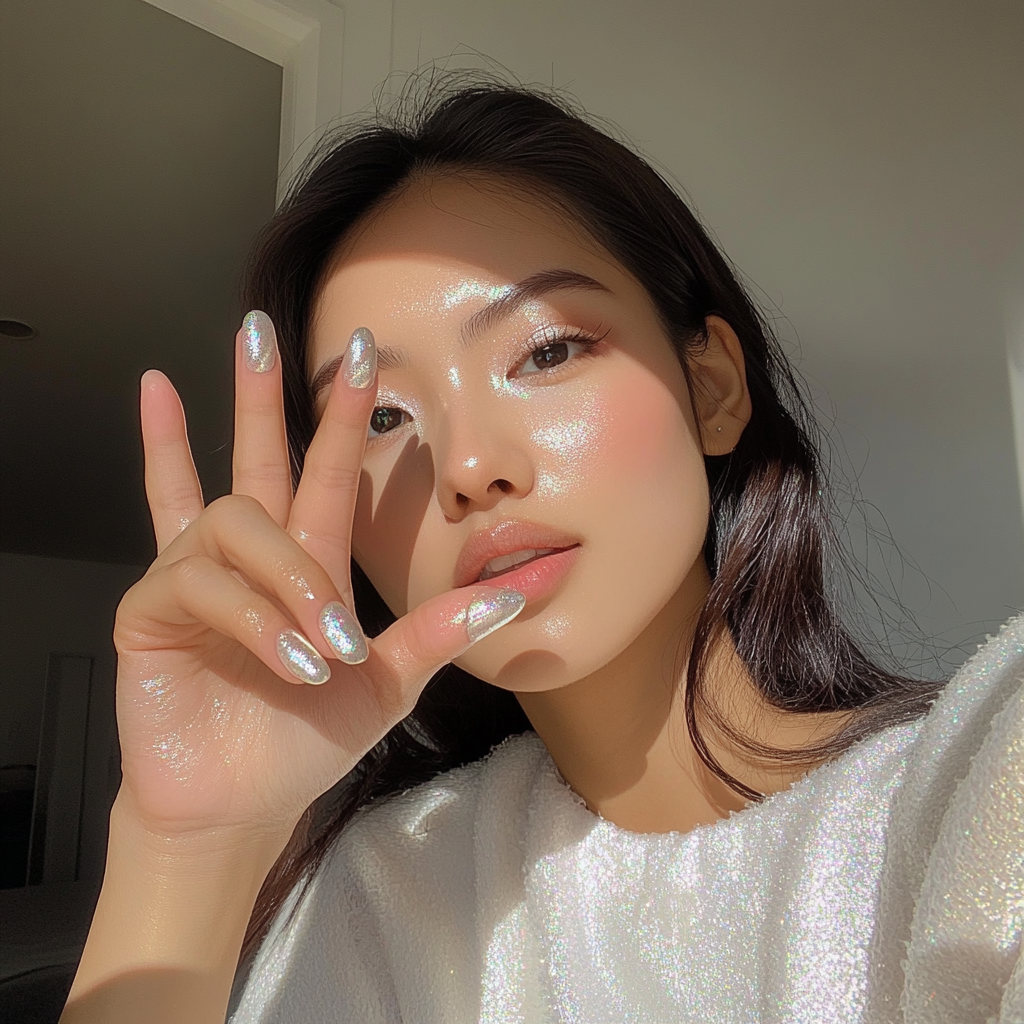 Candid Asian woman with champagne nails shaped almond.