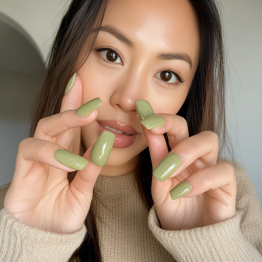 Candid photo of Asian woman showing off nails.