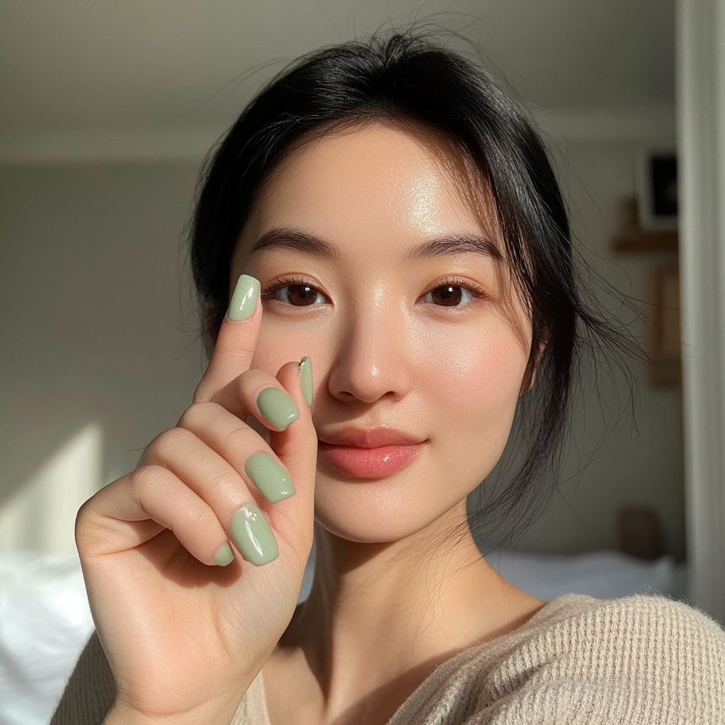 Candid photo of Asian woman showing painted nails.