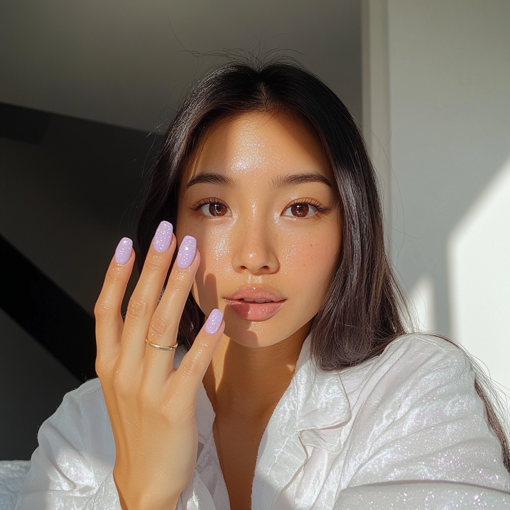 Candid photo of Asian woman with painted nails.