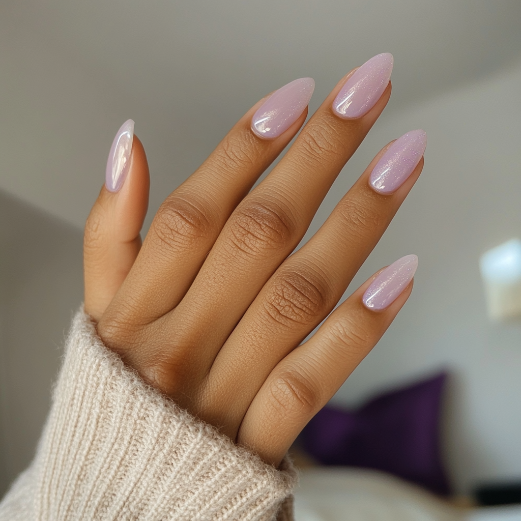 Candid photo of woman showing off lavender nails.