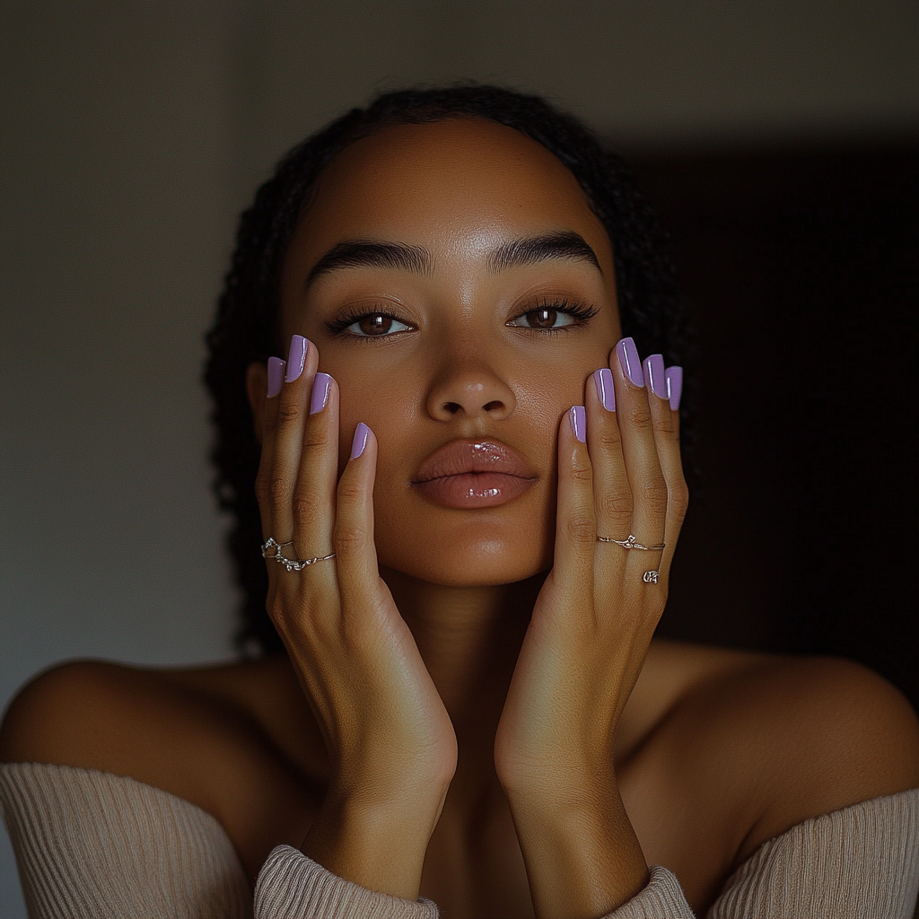 Candid photo of woman showing off lilac nails.