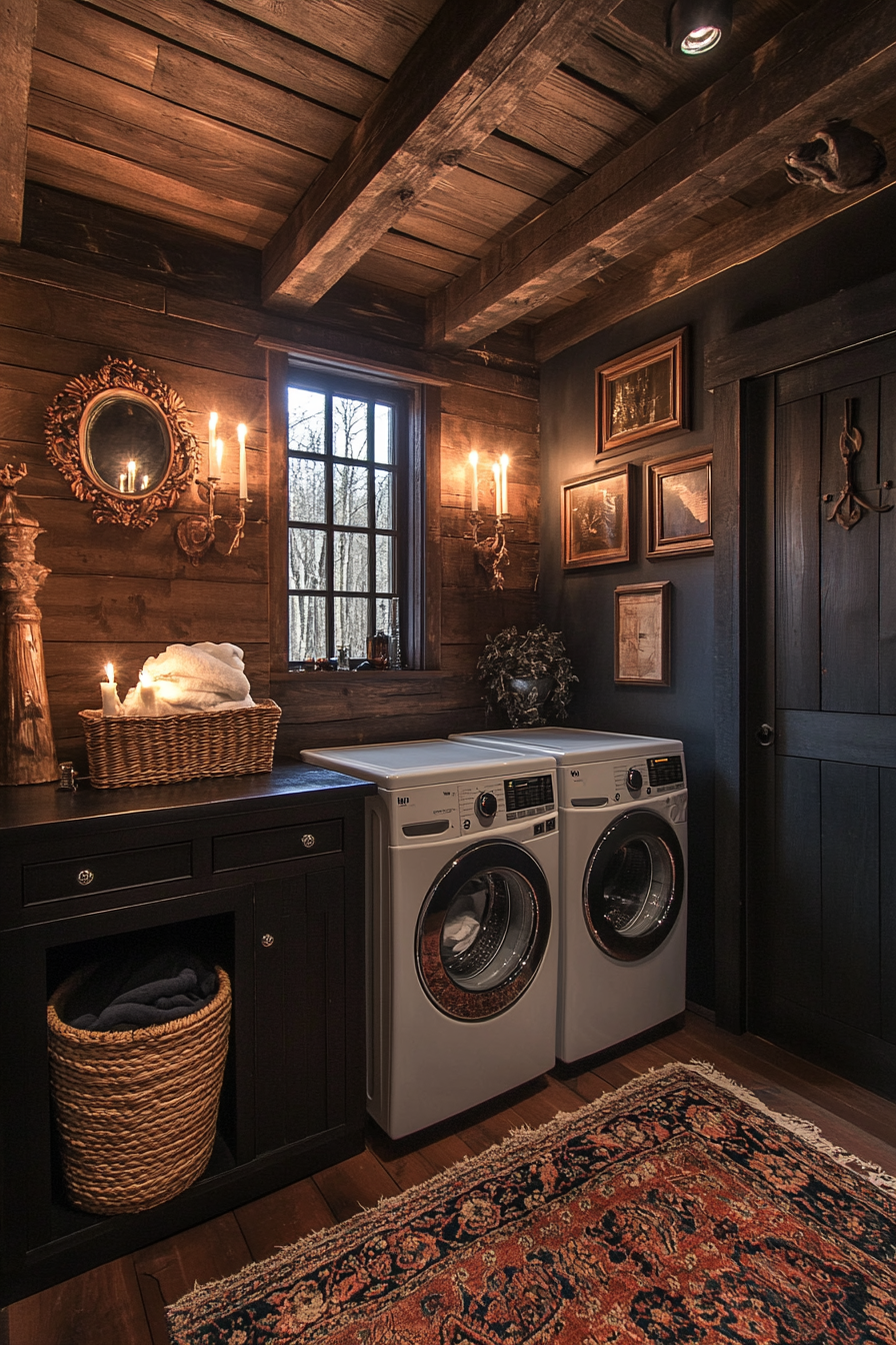 Candlelit laundry room with cowboy and gothic fusion vibes.