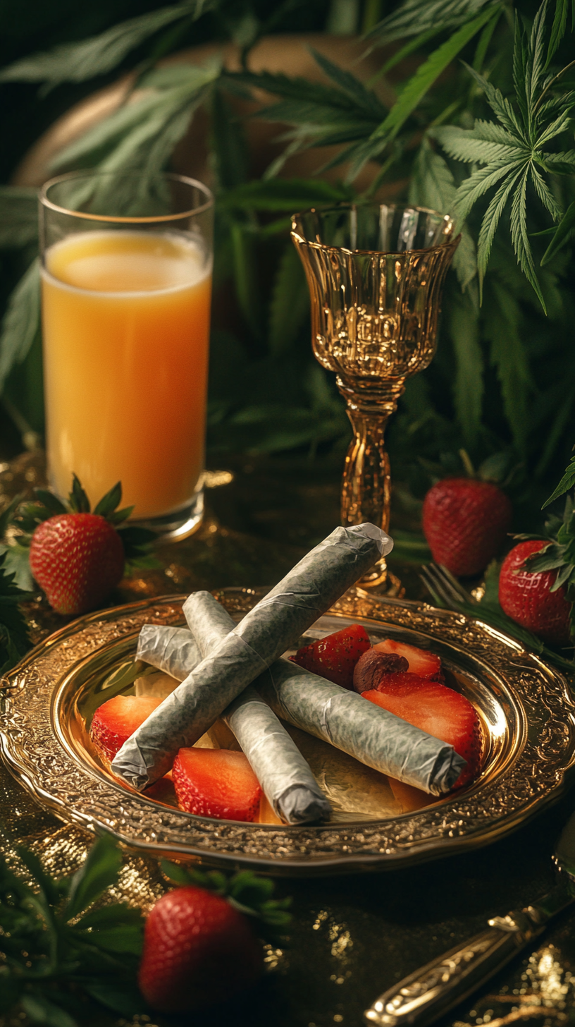 Cannabis joints on gold plates with fruit and juice.