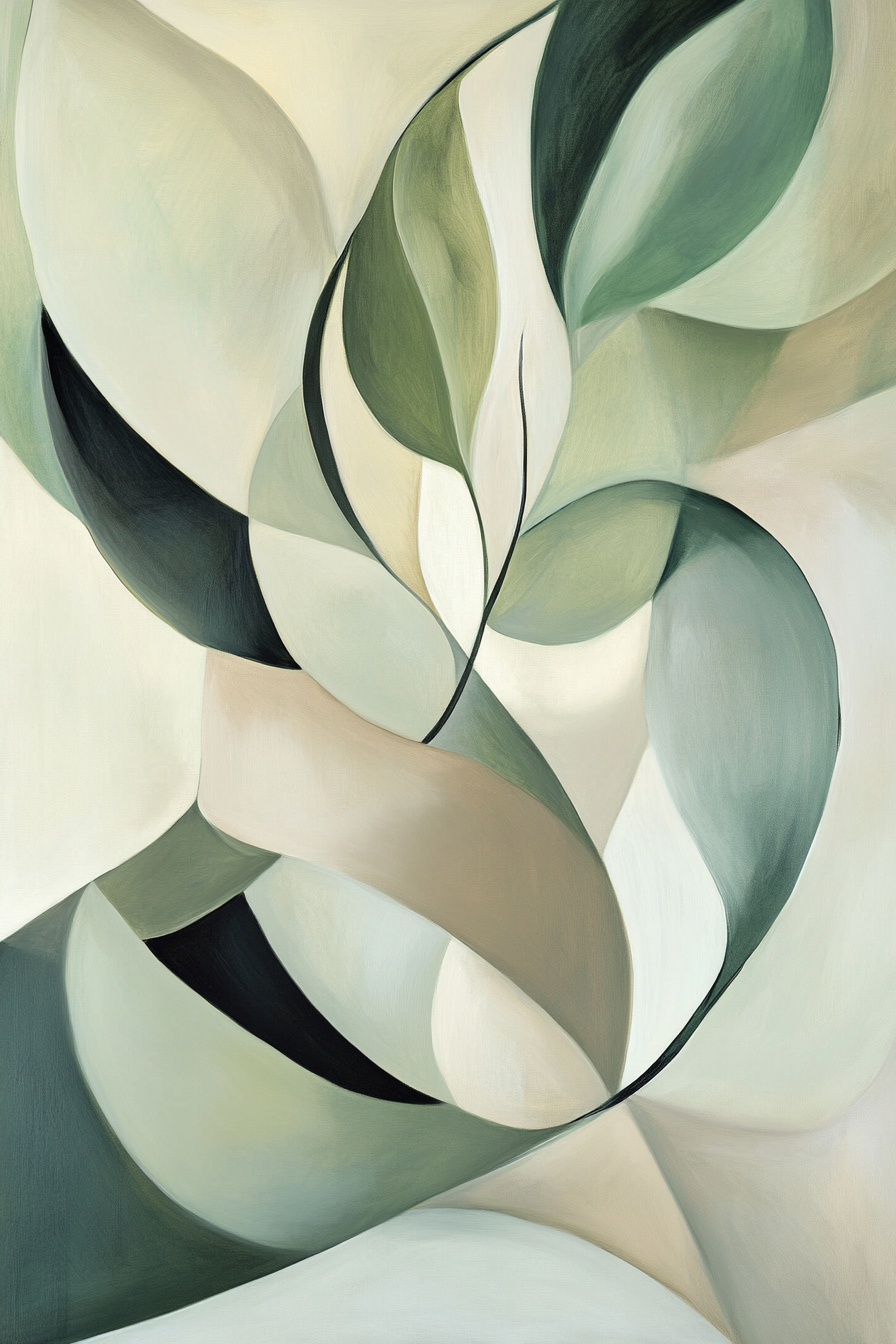 Canvas inspired by leaves, water, clouds in calming tones.