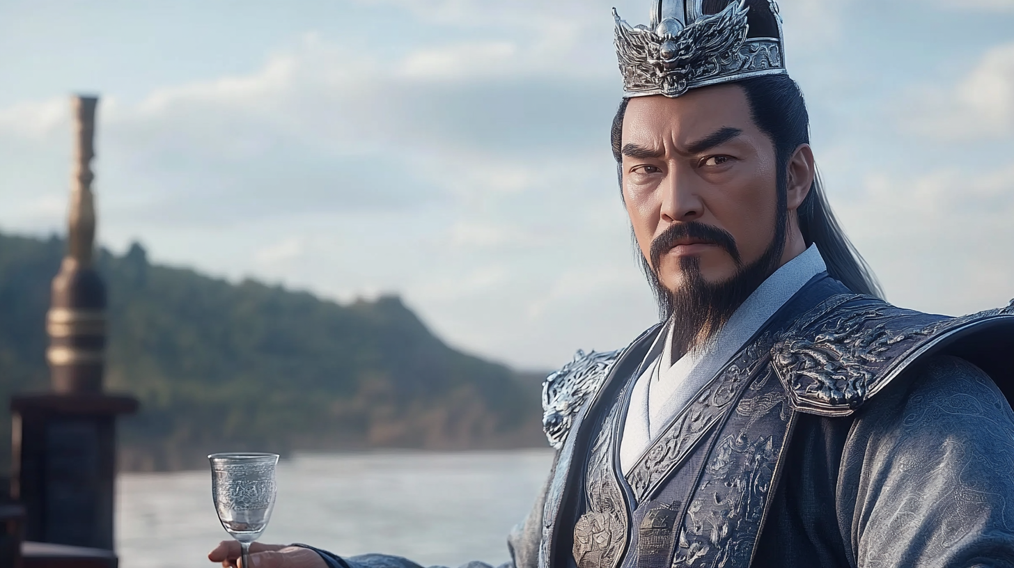 Cao Cao in gray-blue robe and silver crown, confident.