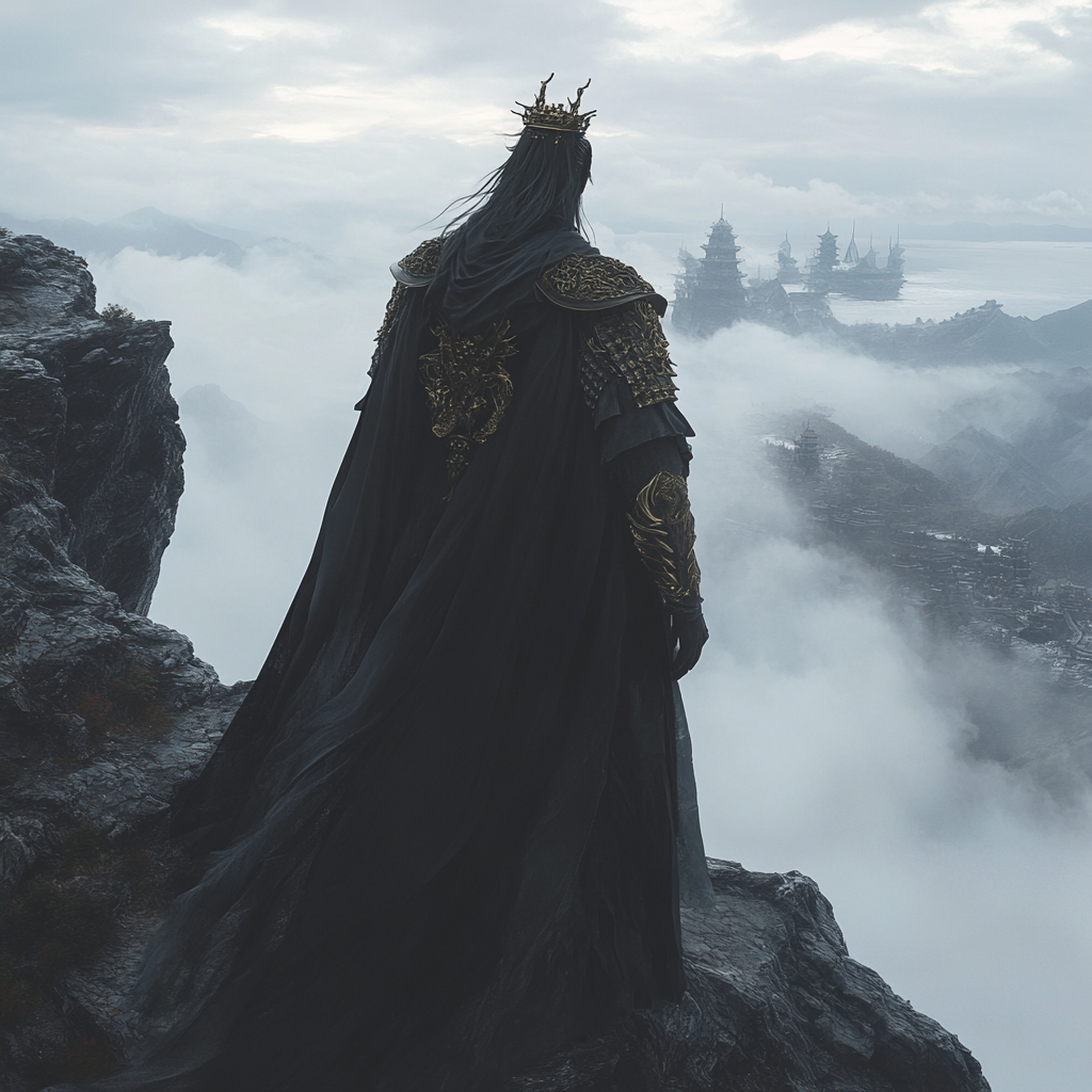 Cao Cao on cliff in black cloak, misty clouds.