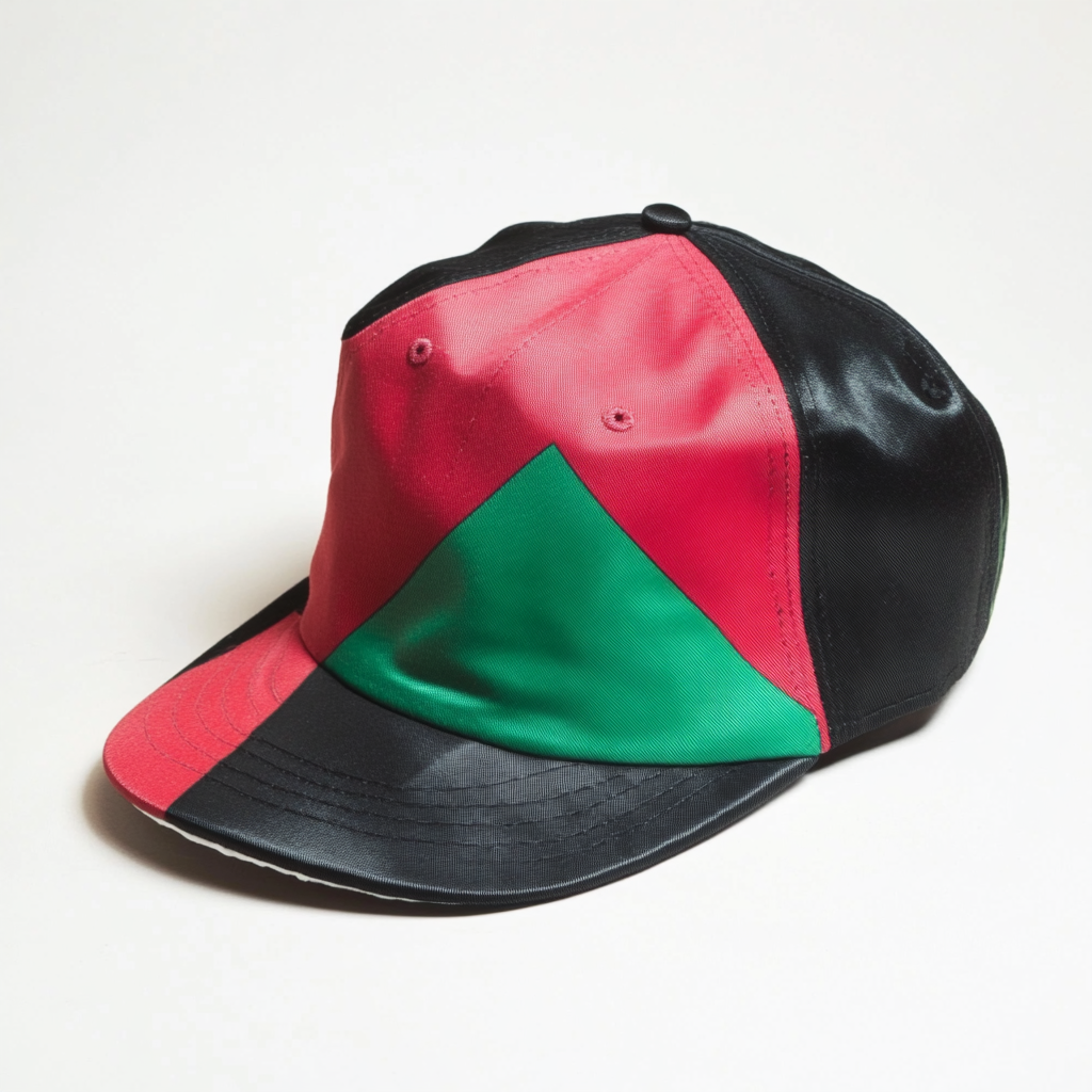 Cap with Nigerian flag design, red triangle, green, black.