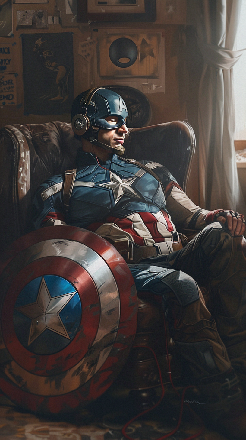 Captain America Relaxing at Home Listening to Music