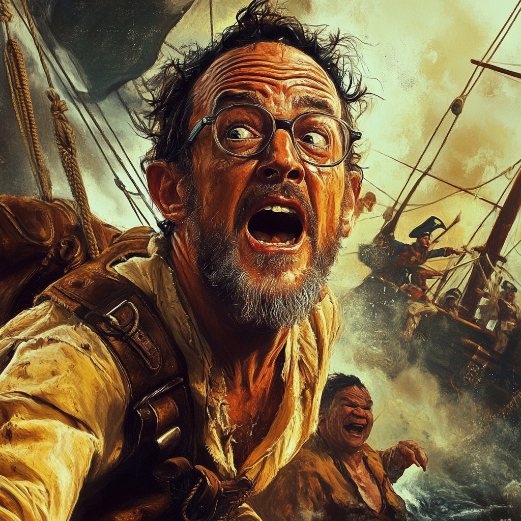 Captain Phillips chased by pirates in a goofy comedy.