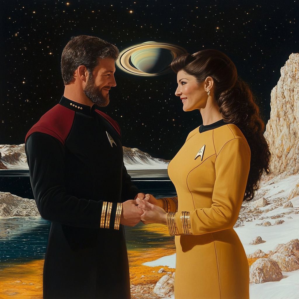 Captain Riker and Deanna Troi embrace by lake.