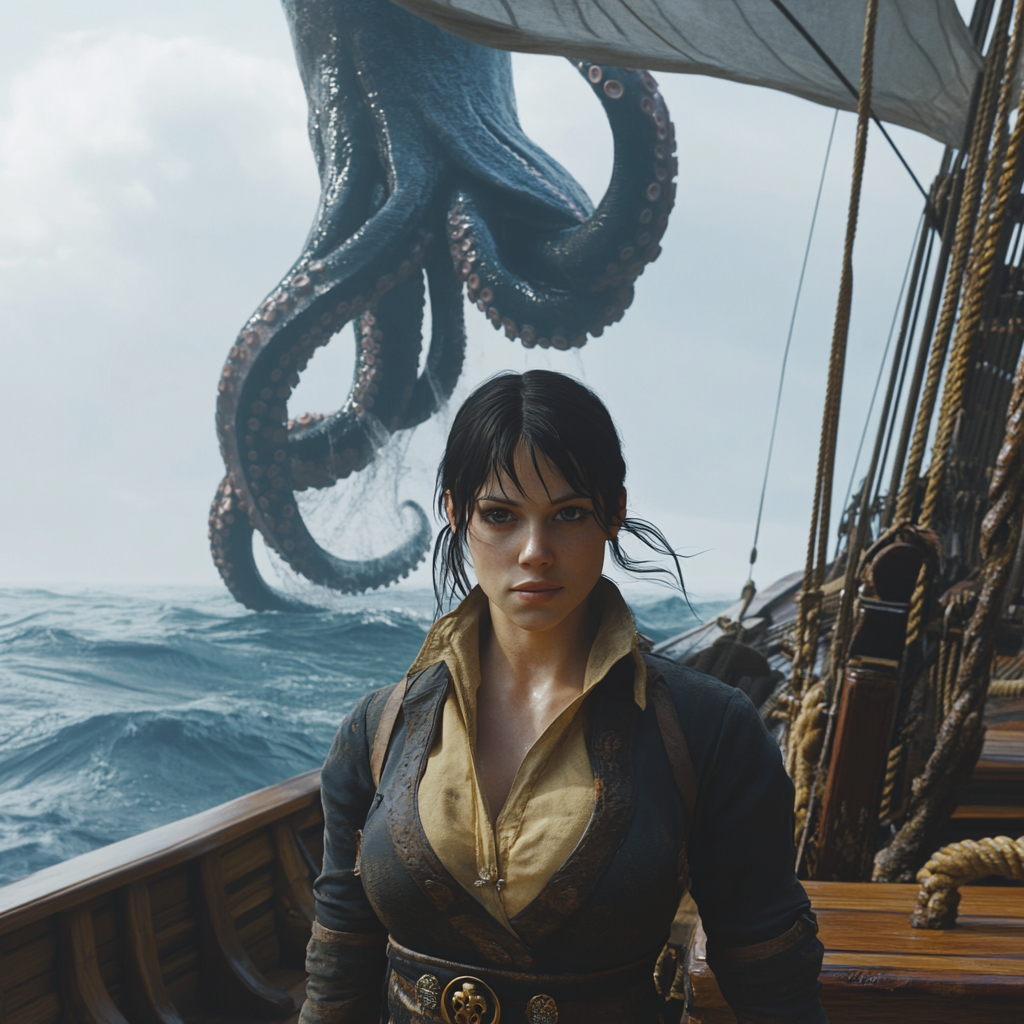 Captain in control of ship facing giant monster tentacle.