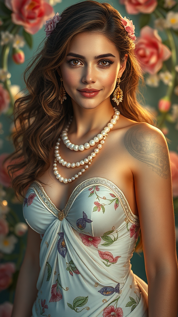 Captivating Aphrodite Surrounded by Flowers and Pearls