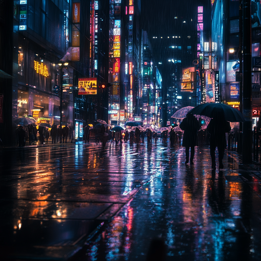 Capture rainy cityscape with city lights reflection, moody atmosphere.