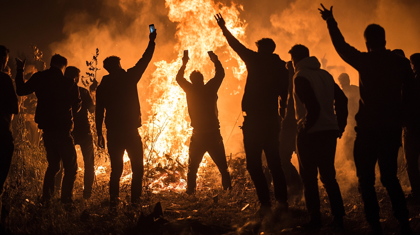 Capturing people at bonfire destroying phones for documentary.