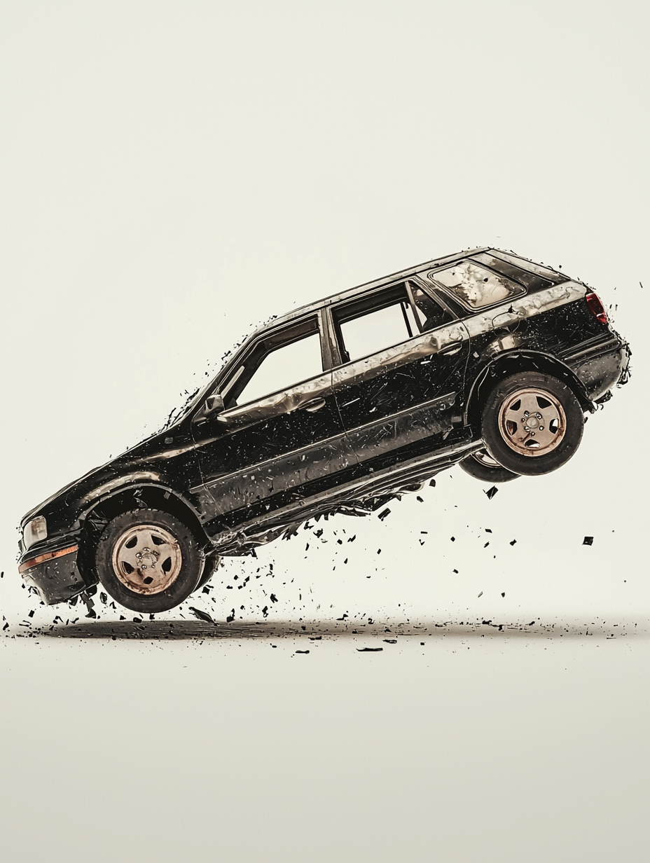 Car accident visualization, clean background, creative advertisement, perfect lighting.