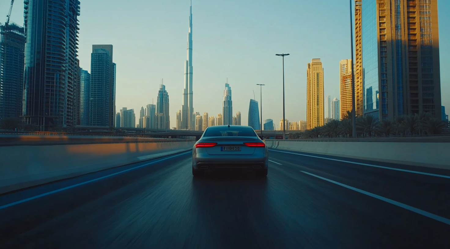 Car driving on highway façade, Dubai identity, cinematic scene.