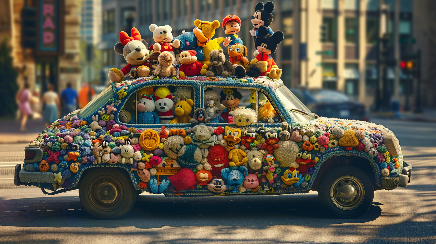 Car made of Disney plush toys in city street.