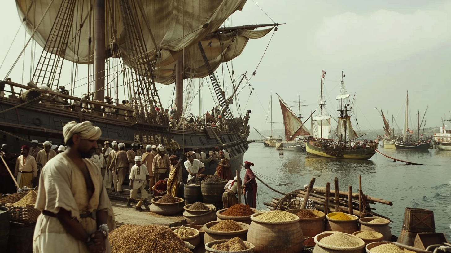 Caravel at Indian port loading spices in 1450