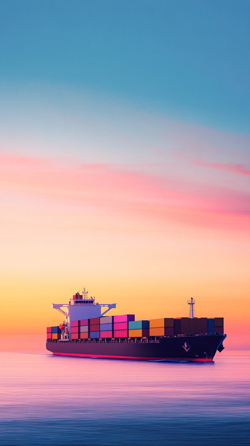 Cargo ship with colorful containers sailing at sunset.